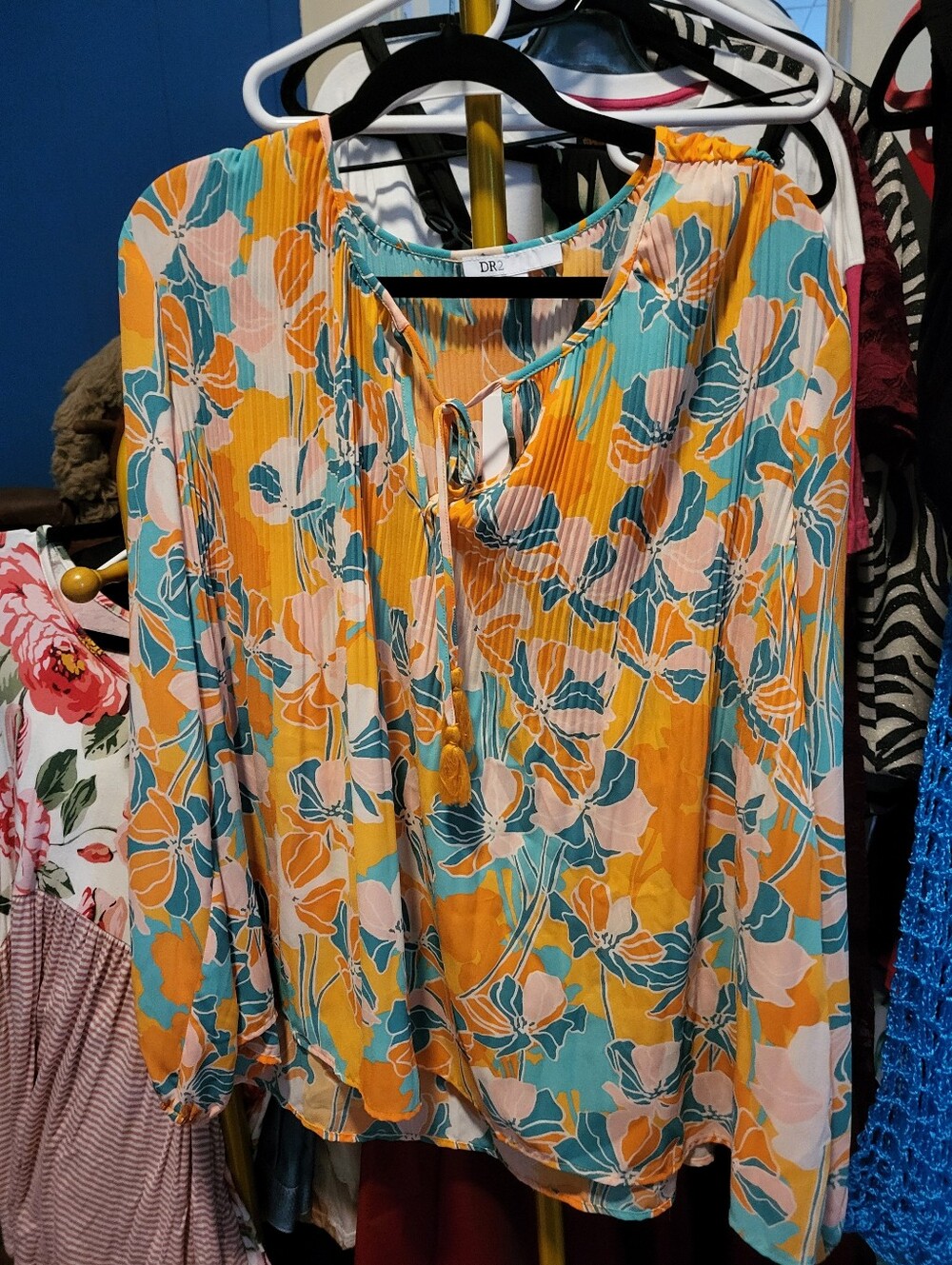 DR2 Floral Tie-Neck Peasant Top in Mustard, Teal & Blush